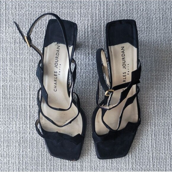 Designer Charles Jourdan Paris Vintage Black Suede Strappy Heels Sandals 8.5 - Picture 6 of 11